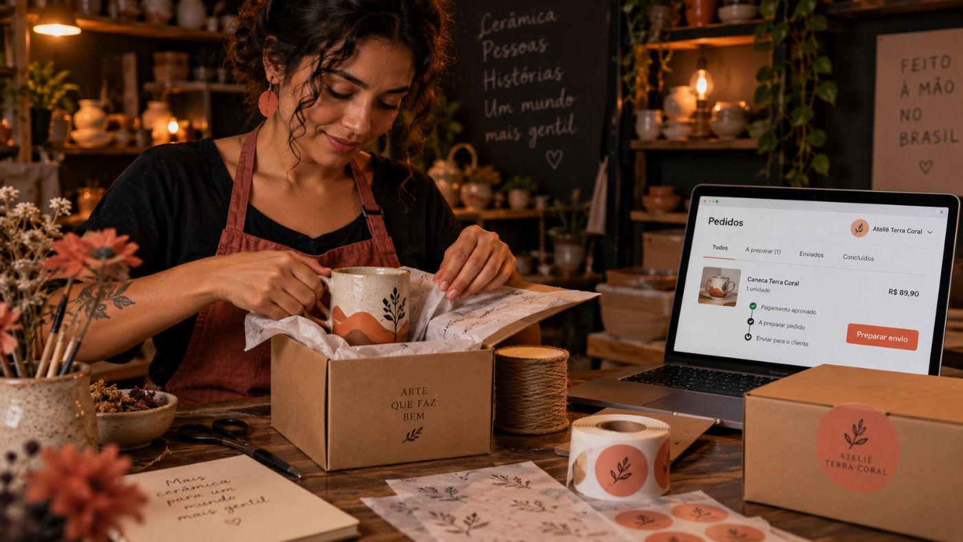 Artesã embalando caneca de cerâmica para envio