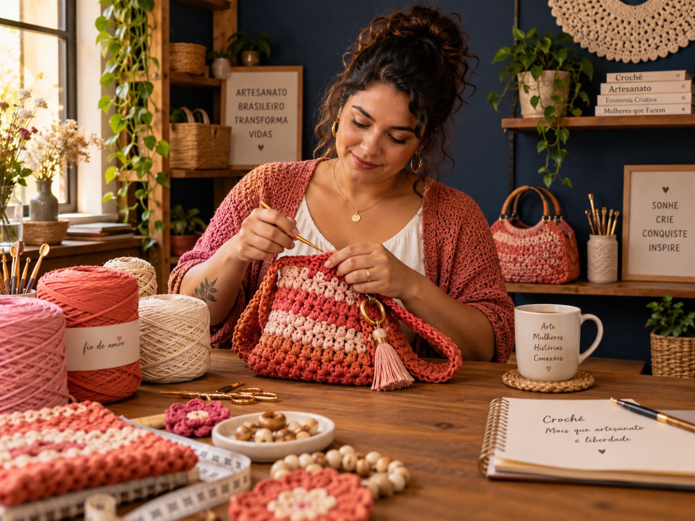 Artesã produzindo peça feita à mão