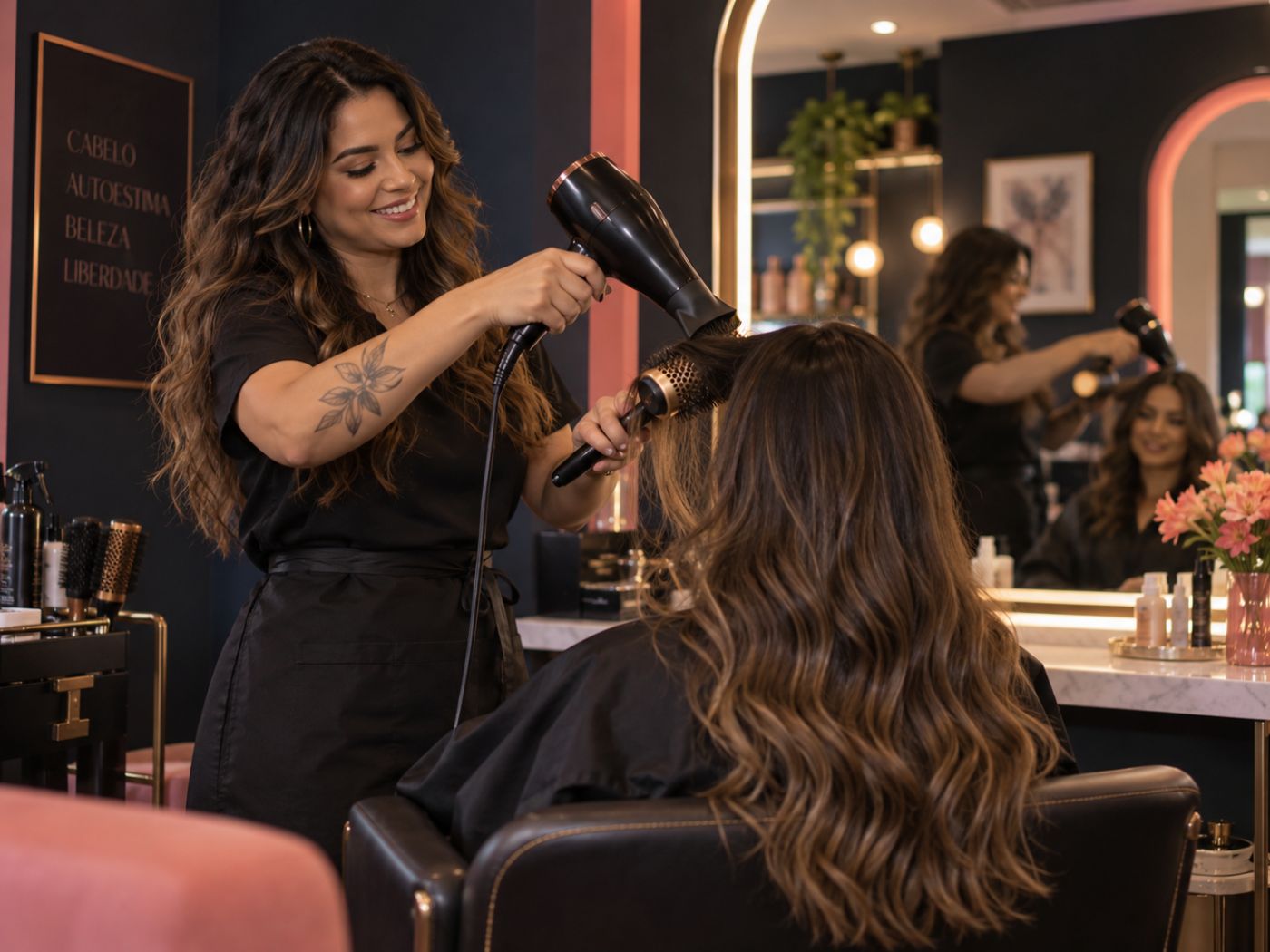 Cabeleireira fazendo escova em cliente