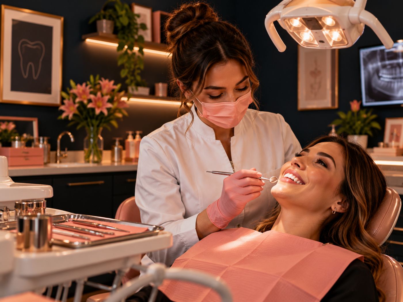 Dentista atendendo paciente sorridente